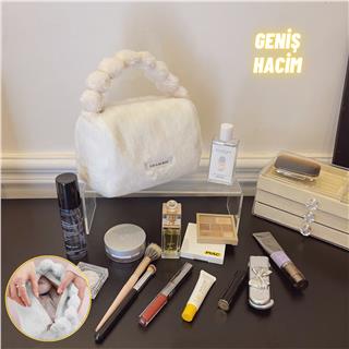 Peluş Makyaj Kozmetik Bakım Malzemesi Çantası ve Kürklü Seyahat Organizer Çanta