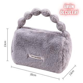 Peluş Makyaj Kozmetik Bakım Malzemesi Çantası ve Kürklü Seyahat Organizer Çanta