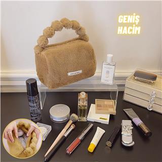 Peluş Makyaj Kozmetik Bakım Malzemesi Çantası ve Kürklü Seyahat Organizer Çanta