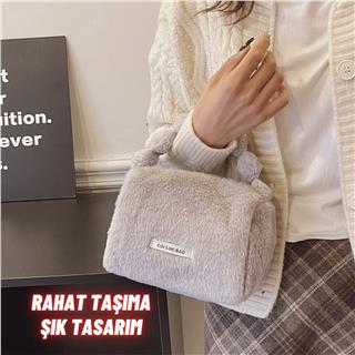 Peluş Makyaj Kozmetik Bakım Malzemesi Çantası ve Kürklü Seyahat Organizer Çanta