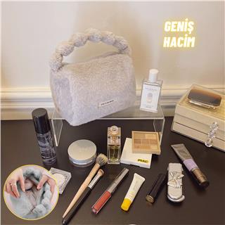 Peluş Makyaj Kozmetik Bakım Malzemesi Çantası ve Kürklü Seyahat Organizer Çanta
