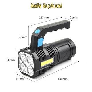 Şarjlı Ultra Parlak 4 Led + Yan COB LED Saplı El Feneri Kamp Avcılık Günlük Yaşam Kullanım