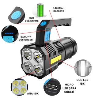 Şarjlı Ultra Parlak 4 Led + Yan COB LED Saplı El Feneri Kamp Avcılık Günlük Yaşam Kullanım