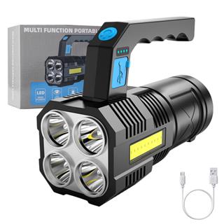 Şarjlı Ultra Parlak 4 Led + Yan COB LED Saplı El Feneri Kamp Avcılık Günlük Yaşam Kullanım