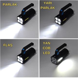 Şarjlı Ultra Parlak 4 Led + Yan COB LED Saplı El Feneri Kamp Avcılık Günlük Yaşam Kullanım