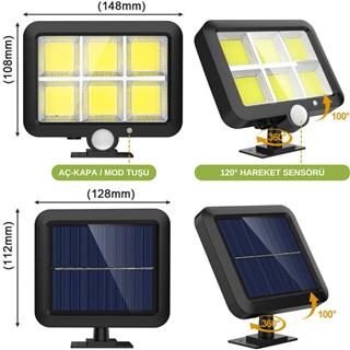Solar Aydınlatma 120 COB LED Çok Modlu 5 Mt Kablolu Güneş Enerjili Duvar Lambası