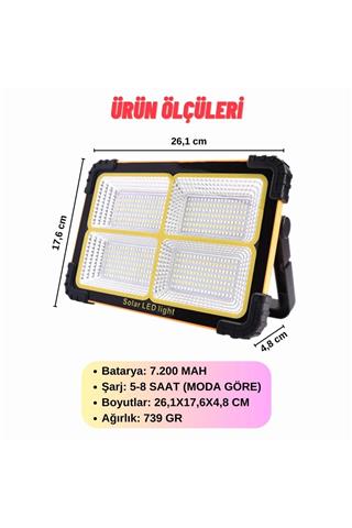 Taşınabilir Projektör Güneş Enerjili Led Çalışma Aydınlatma Ve Çakarlı İkaz Lambası