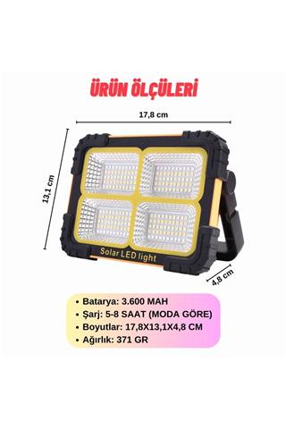 Taşınabilir Projektör Güneş Enerjili Led Çalışma Aydınlatma Ve Çakarlı İkaz Lambası