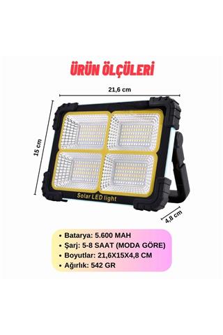 Taşınabilir Projektör Güneş Enerjili Led Çalışma Aydınlatma Ve Çakarlı İkaz Lambası