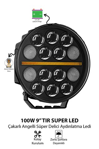 Tır Kamyon İş Makinesi 9 inç Led Sis Farı Angel Halka Metal Döküm Kasa 100 W Çalışma Lambası 12-24V 
