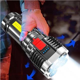 Ultra Parlak El Feneri Usb Şarj 4 Led+Yan Cob Led Taktik El Feneri