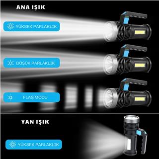 Ultra Parlak USB Şarjlı COB LED El Feneri Çok Fonksiyonlu Aydınlatma Saplı Led Işık