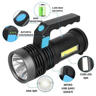 Ultra Parlak USB Şarjlı COB LED El Feneri Çok Fonksiyonlu Aydınlatma Saplı Led Işık