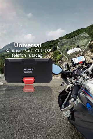 Universal Motosiklet Telefon ve GPS Navigasyon Tutacağı  Kablosuz Hızlı Şarjlı Çift USB Girişli
