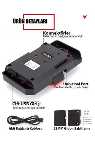 Universal Motosiklet Telefon ve GPS Navigasyon Tutacağı  Kablosuz Hızlı Şarjlı Çift USB Girişli