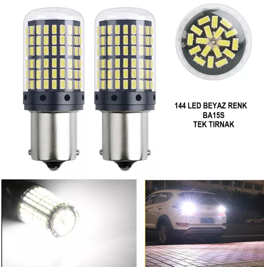  Oto Led Sinyal ve Geri Vites Ampulü BEYAZ Ultra Parlak 1156 TEK TIRNAK 144 Led Ürün BA15S 