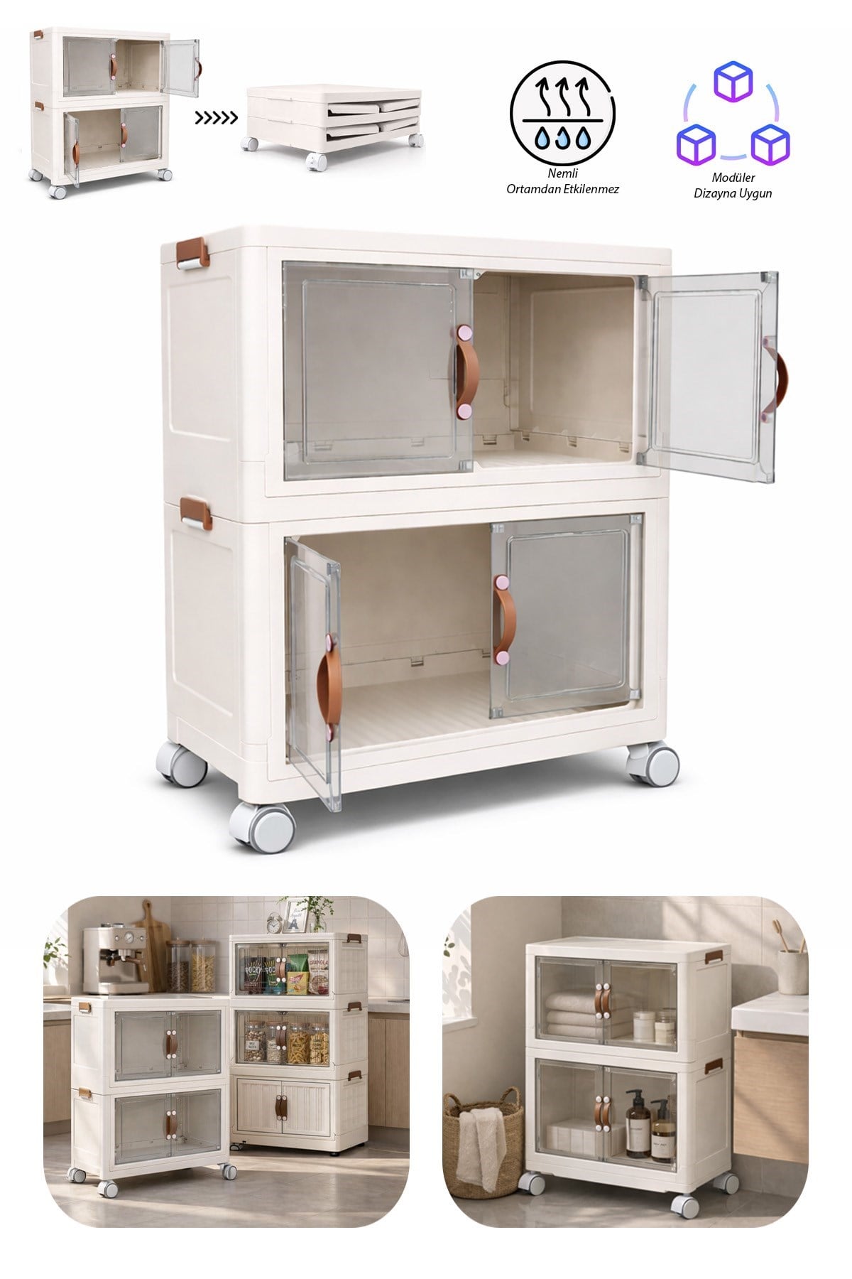 2 Katlı Katlanabilir Modüler Saklama Kutusu Şeffaf Kapaklı Çok Amaçlı Düzenleyici Portatif Dolap