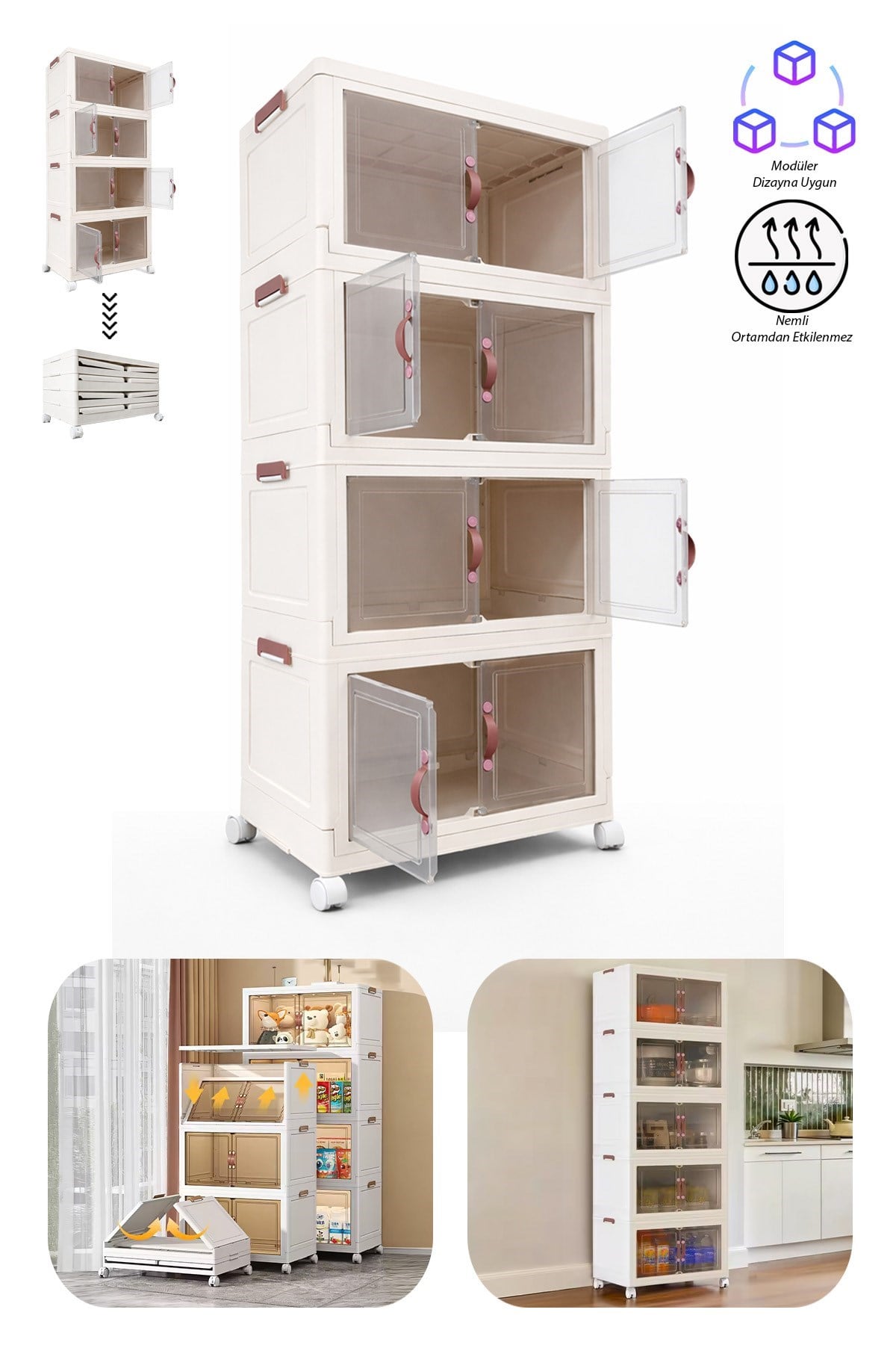 4 Katlı Katlanabilir Modüler Saklama Kutusu Şeffaf Kapaklı Çok Amaçlı Düzenleyici Portatif Dolap