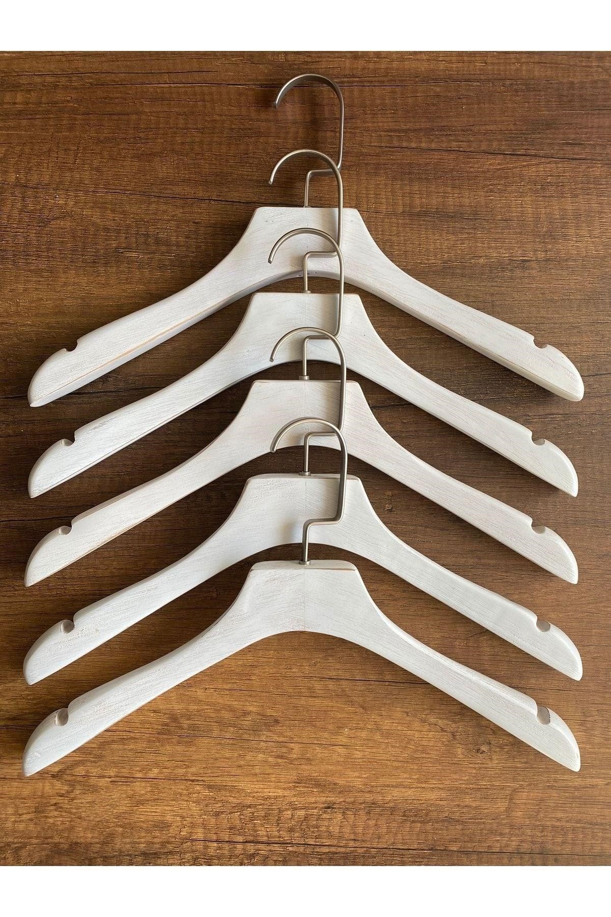 Ahşap Ceket Askı 38 Cm Eskitme Beyaz Naturel Askı 5 Adet
