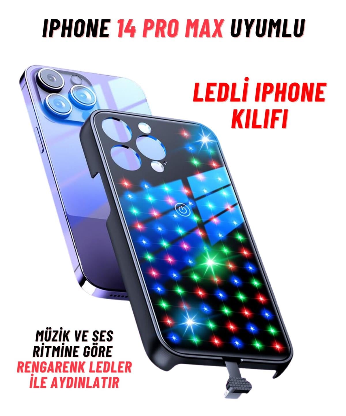 Apple Iphone 14 Pro Max Uyumlu Rgb LED Işıklı Siyah Telefon Kılıfı