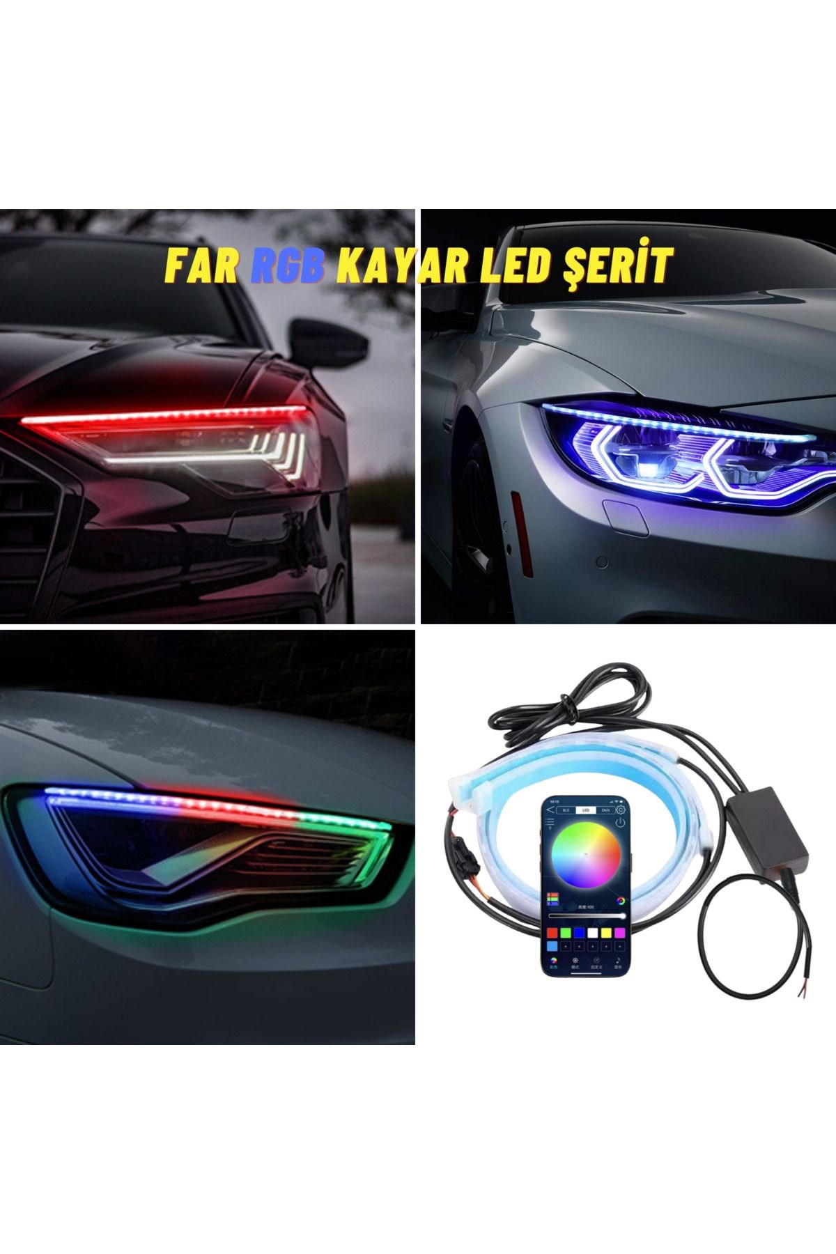 Far İçi ve Far Üstü APP Kontrollü Uyumlu RGB LED Ambiyans Kayar Led Android ve IOS Uyumlu 12-24V