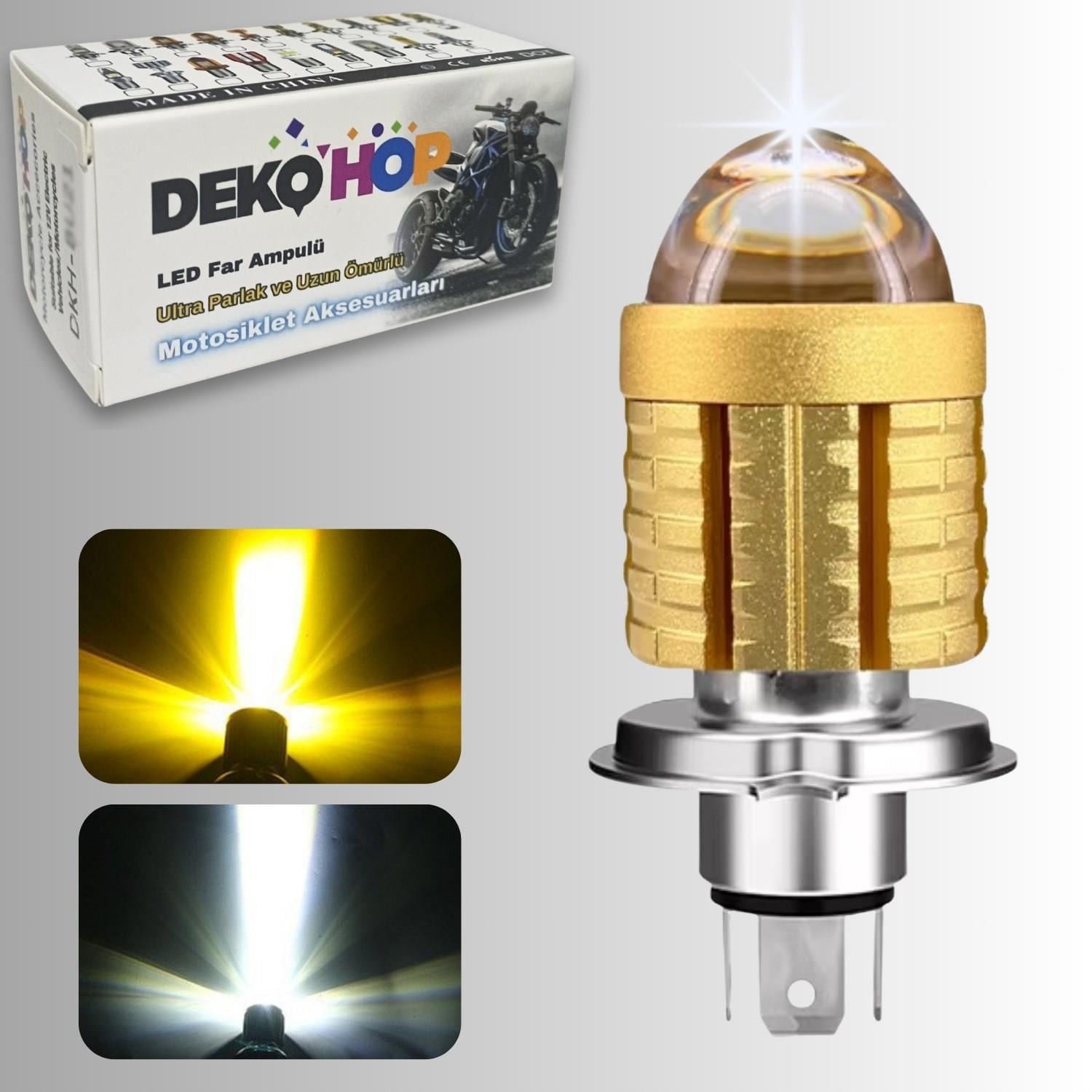 H4 Uzun Kısa Mercekli Motosiklet Otomobil Led Ampul 12-24V Beyaz + Amber Sarı Far Lambası 1500 LM