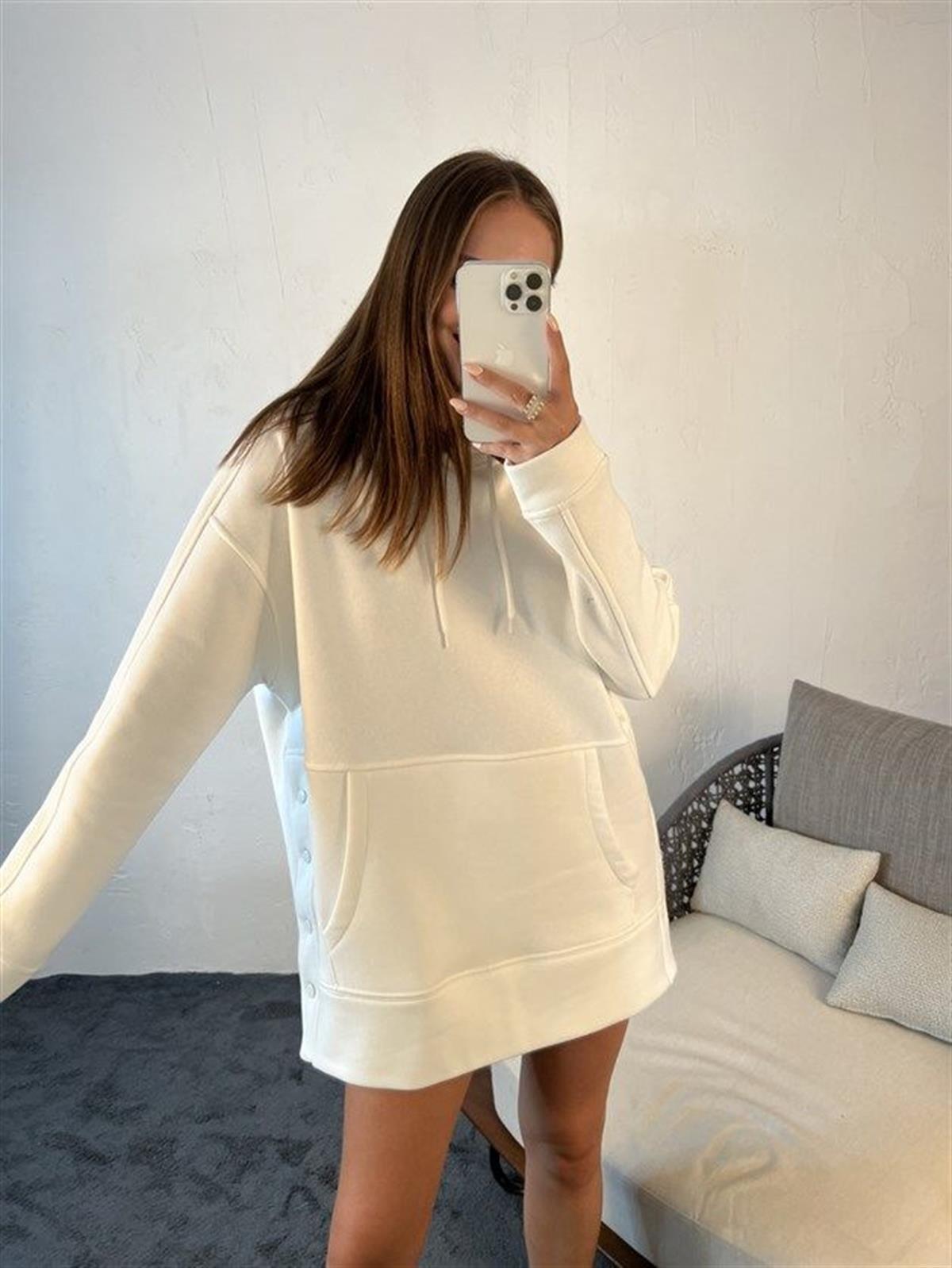 Kadın Kapüşonlu Yan Düğme Detaylı Stil Sweatshirt EKRU