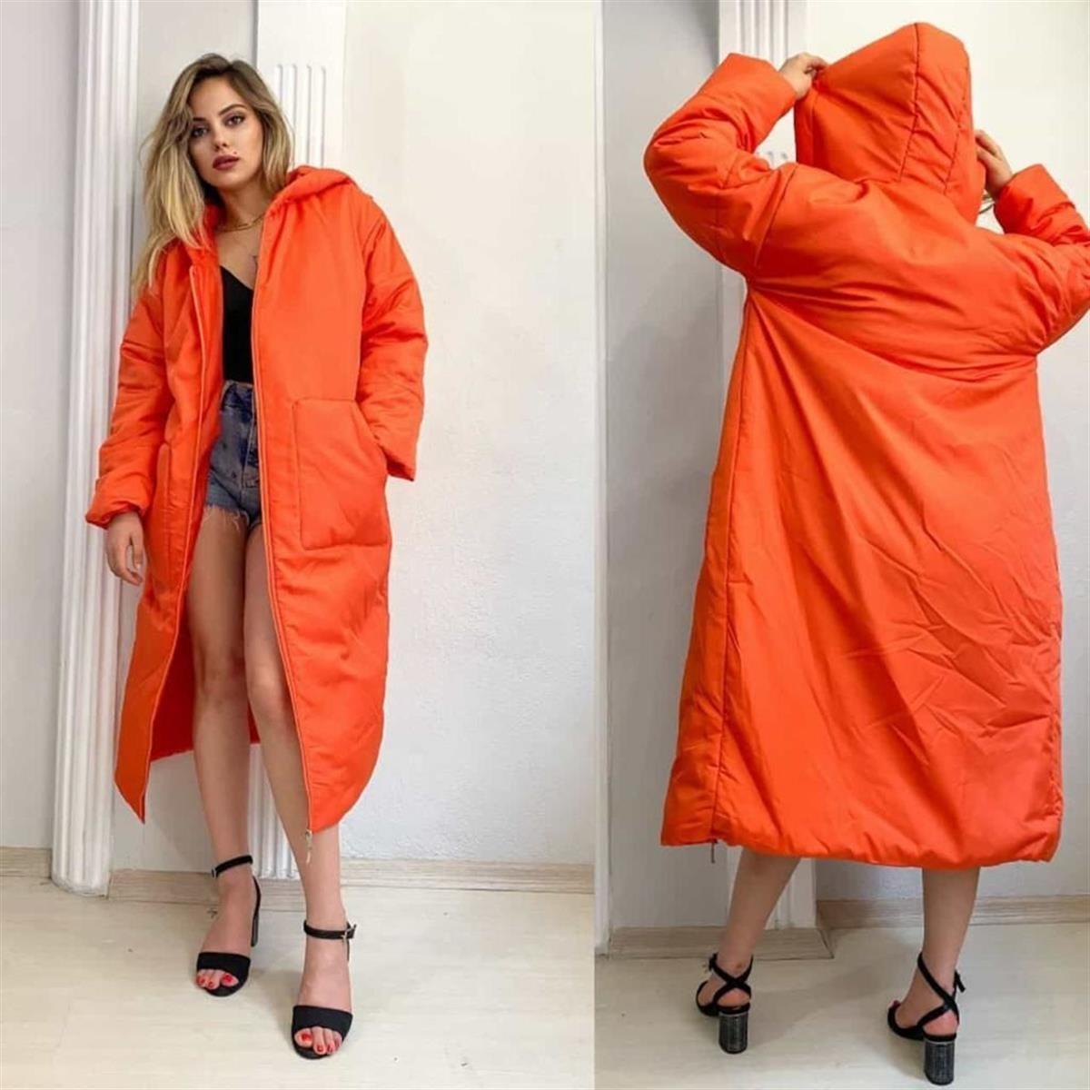 Kadın Oversize Cepli Kapüşonlu Uzun Astarlı Mont ORANJ