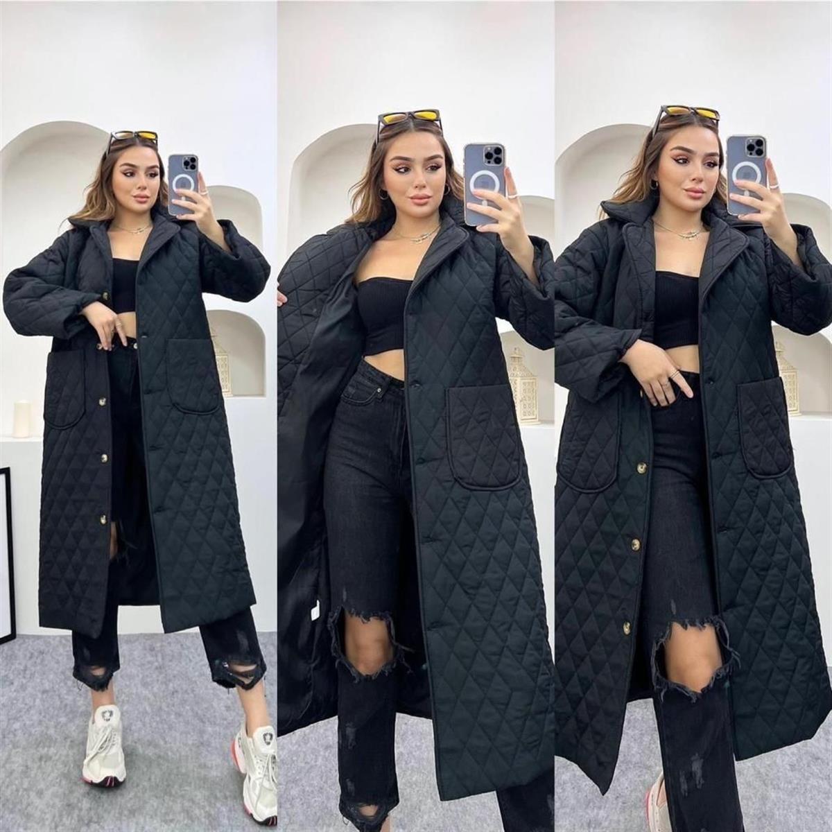Kadın Oversize Kapitone Şişme Uzun Astarlı Mont SİYAH
