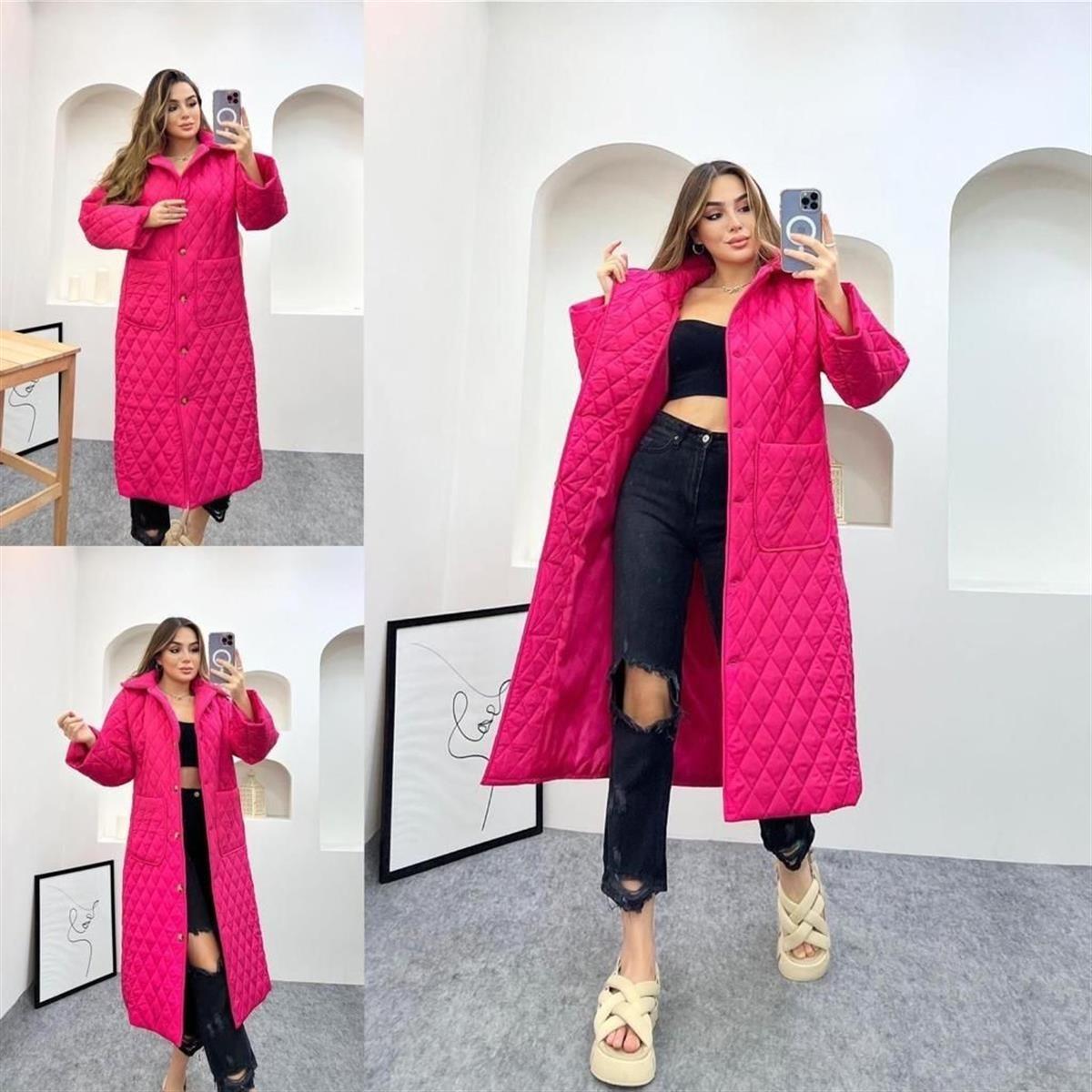 Kadın Oversize Kapitone Şişme Uzun Astarlı Mont FUŞYA