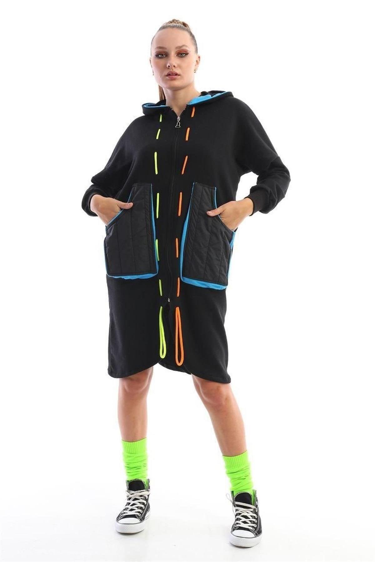 Kadın Siyah Multicolor Oversize Hırka Ceket