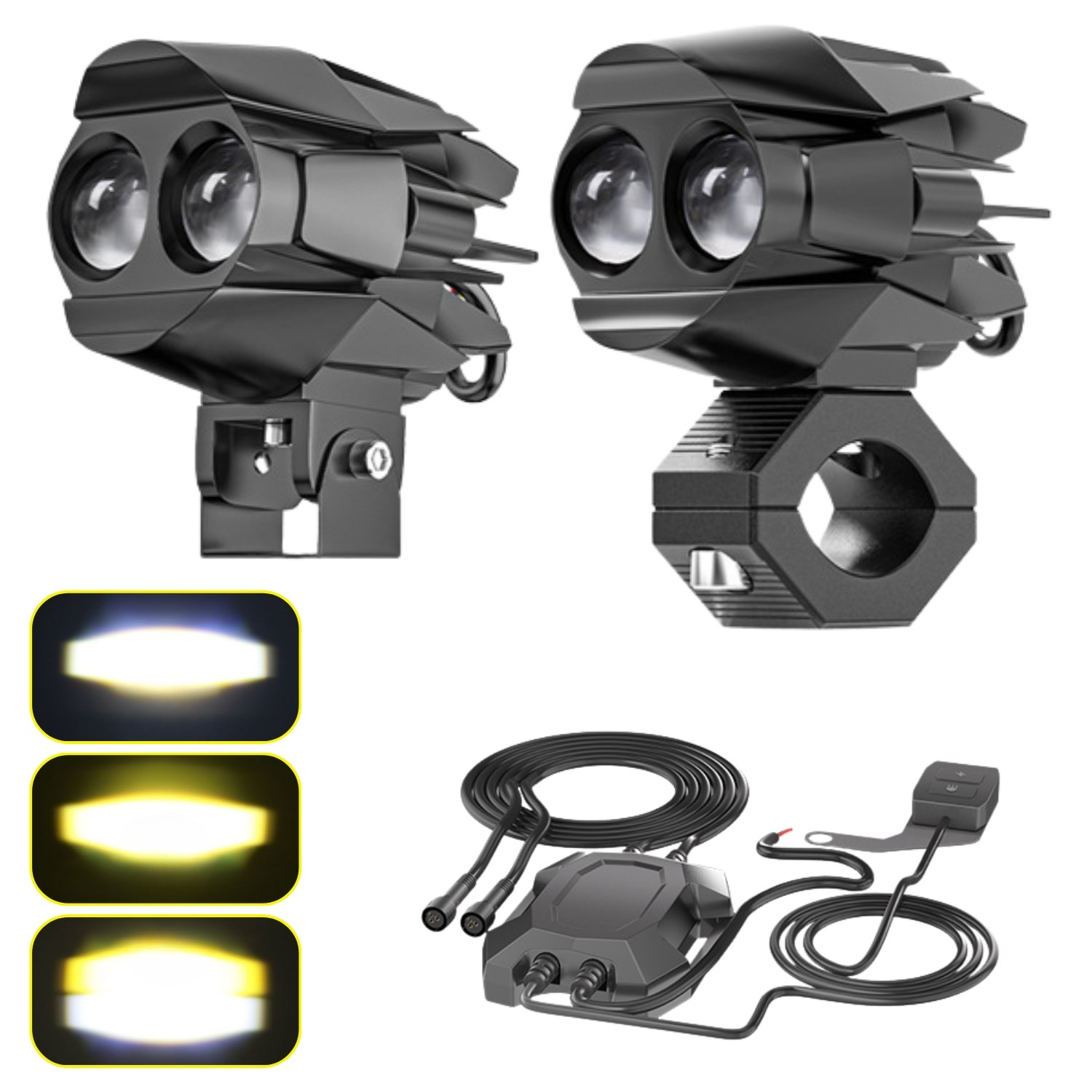 Motosiklet LED Sis Farı Seti Çift Renk Tüm Montaj Aparatları ve Kablo Set ile Kolay Montaj