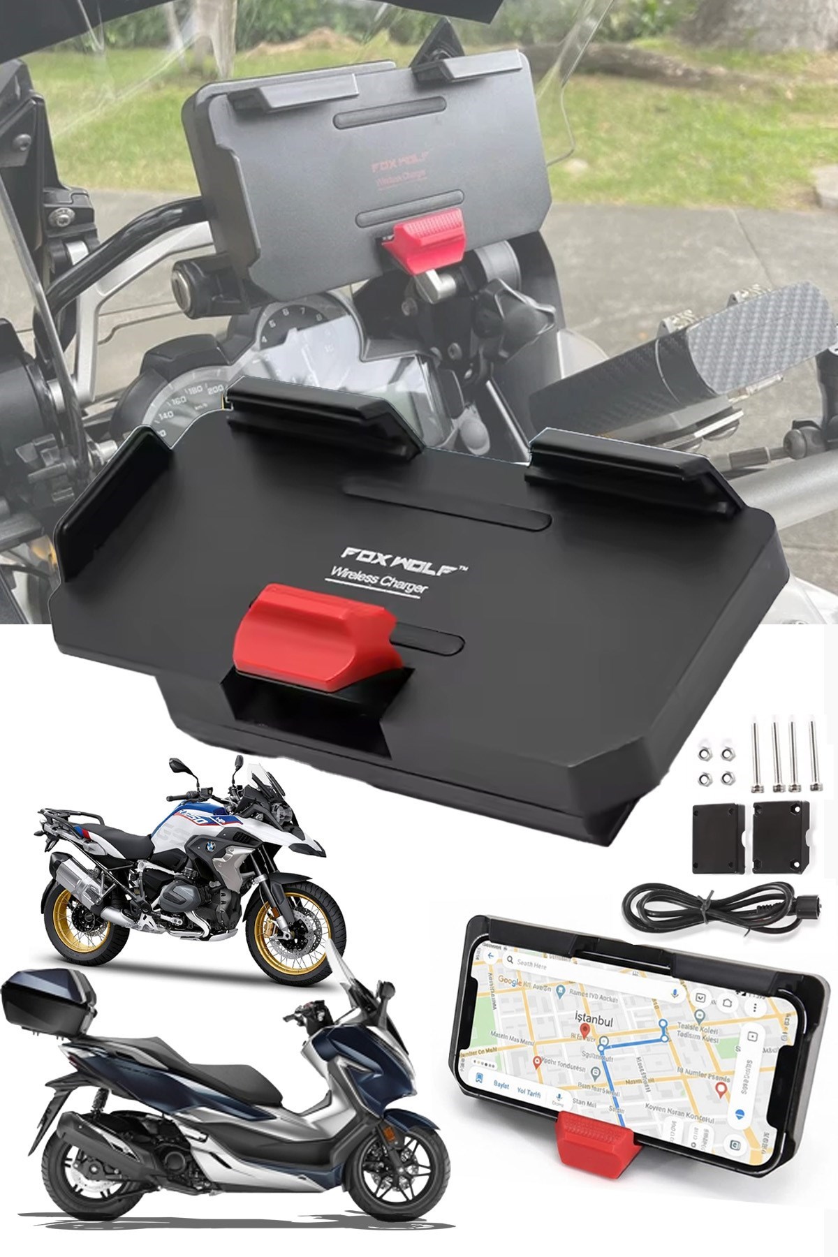 Universal Motosiklet Telefon ve GPS Navigasyon Tutacağı  Kablosuz Hızlı Şarjlı Çift USB Girişli