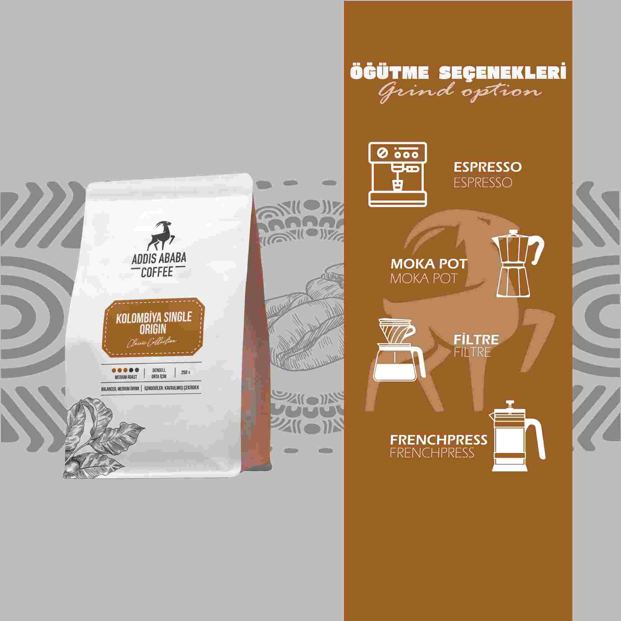 Addis Ababa Coffee - Dünya  Kahvesi - Arabica - Kolombiya Supremo - 250 Gr. X 4 adet ( 1 kg ) 