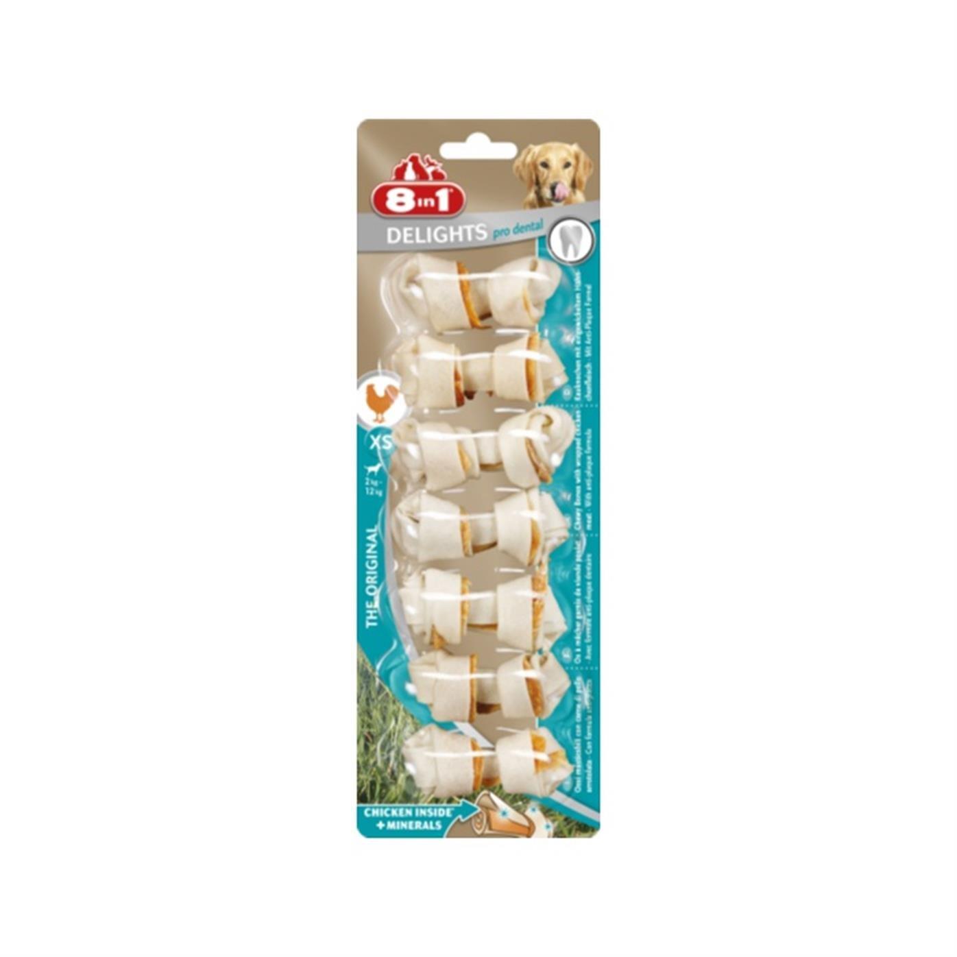 8in1 Delights Pro Dental Diş Sağlığı için Tavuk Etli Düğümlü Köpek Kemiği (7'li) 84 gr [XS]