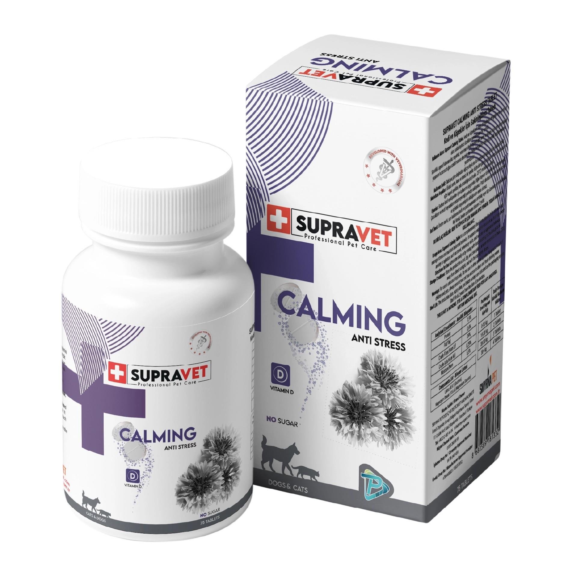 Supravet Kedi ve Köpekler için Sakinleştirici Calming Tablet + VİTAMİN D ( 75 Tablet )