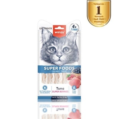 Wanpy Superfood Ton Balıklı, Yaban Mersini & Kızılcıklı Krema Kedi Ödülü 5×14 gr