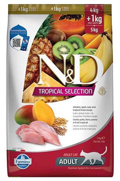 N&D Tropical Selection Tavuklu ve Tropikal Meyveli Yetişkin Kedi Maması 4kg+1kg HEDİYE!