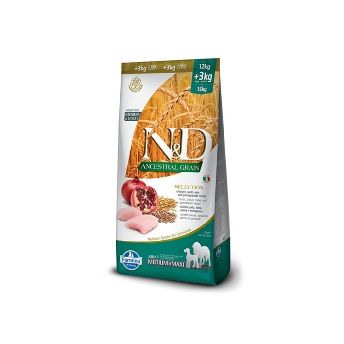 N&D Düşük Tahıllı Tavuk Etli ve Narlı 12+3 Kg Medium Maxi Yetişkin Kuru Köpek Maması