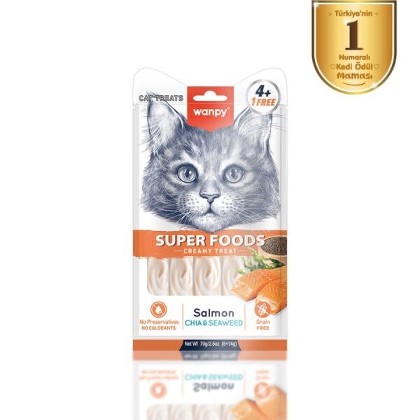 Wanpy Superfood Somonlu, Chia & Deniz Yosunlu 5X14GR Krema Kedi Ödülü