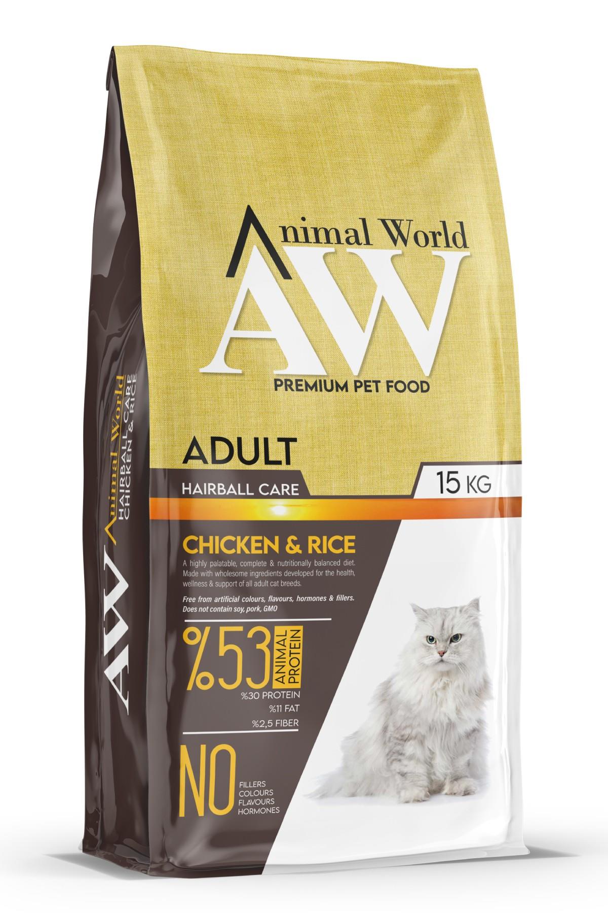 Animal World Hairball Tüy Yumağı Önleyici Tavuklu Yetişkin Kedi Maması 15 kg