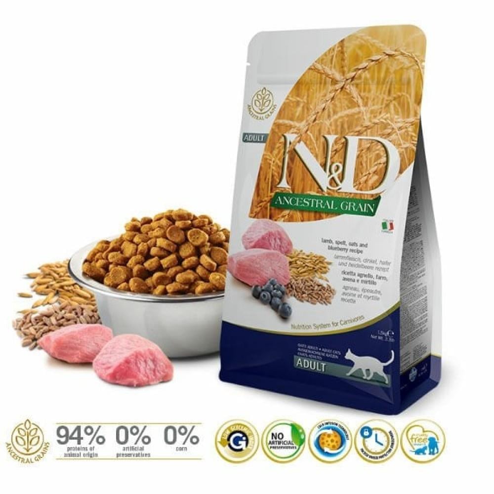 N&D Ancestral Grain Kuzu Etli ve Yaban Mersinli Ata Tahıllı Yetişkin Kedi Maması 1,5kg