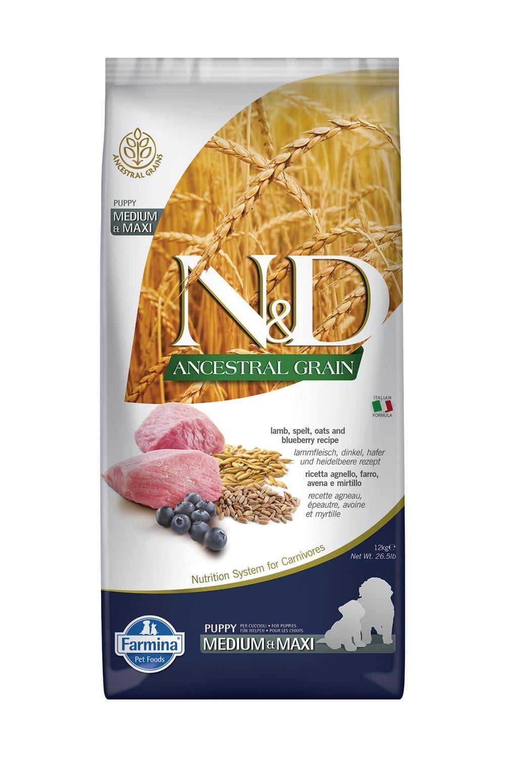 N&D Ancestral Grain Kuzu Etli Yaban Mersinli Orta ve Büyük Irk Ata Tahıllı Yavru Köpek Maması 12kg
