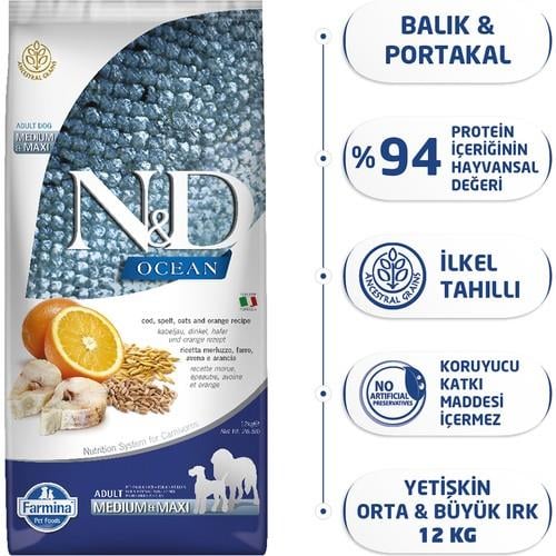 N&D Ocean Düşük Tahıllı Balıklı Portakallı Orta Ve Büyük Irk Yetişkin Köpek Maması 12 Kg