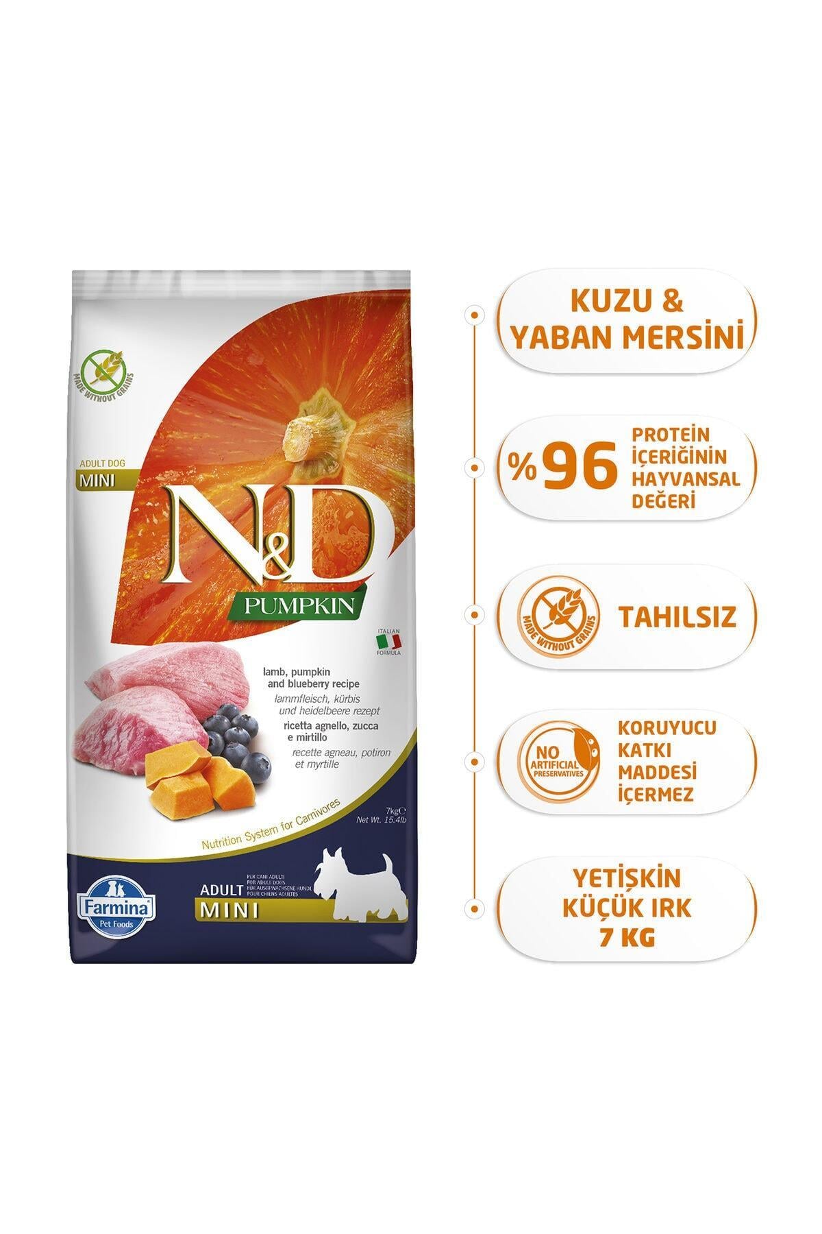 N&D Pumpkin Tahılsız Bal Kabaklı, Kuzu Etli Ve Yaban Mersinli Küçük Irk Yetişkin Köpek Maması 7 Kg