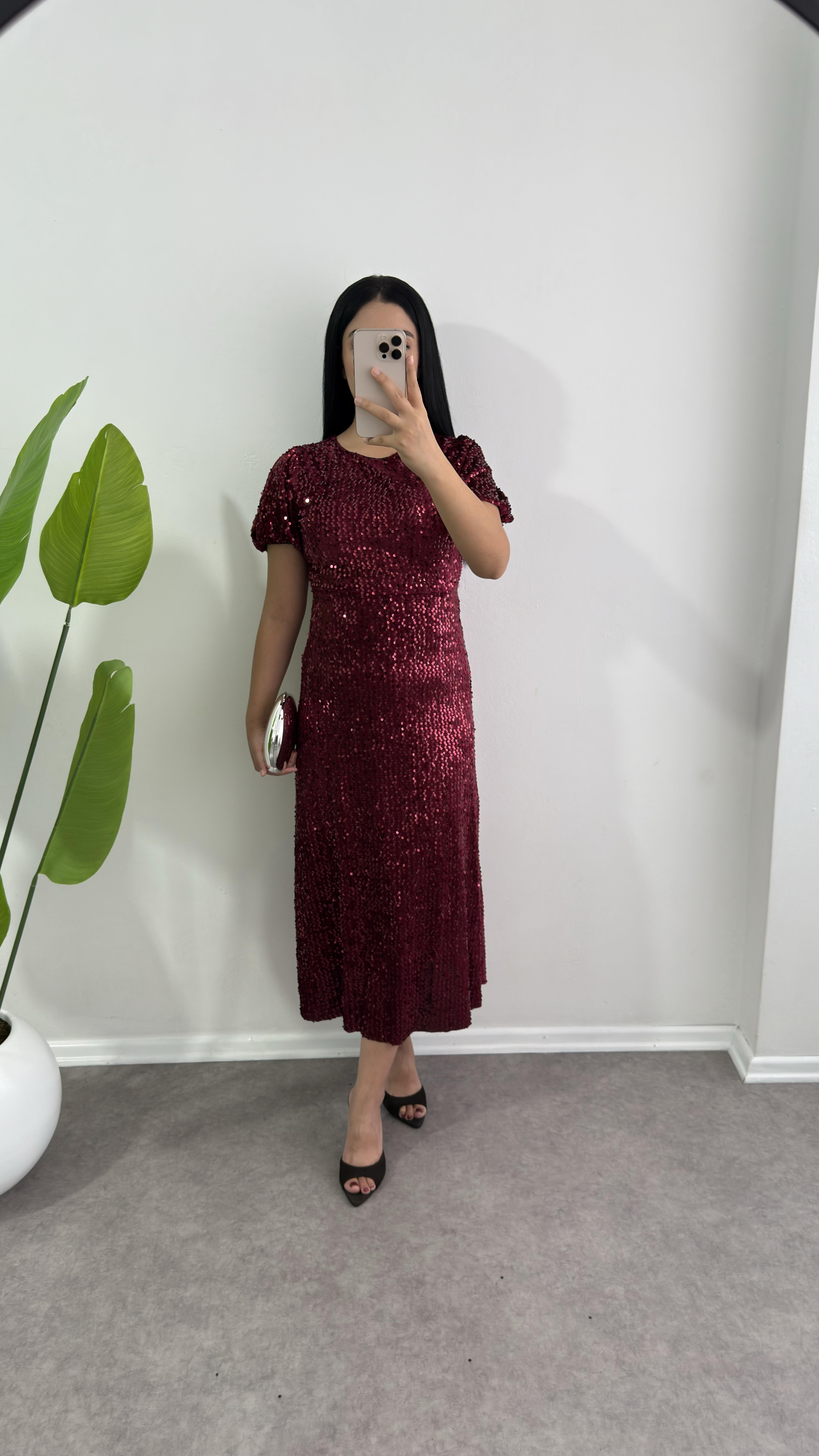 Asmil Payetli Bordo Elbise