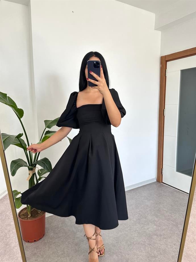 Balon kol kare yaka elbise