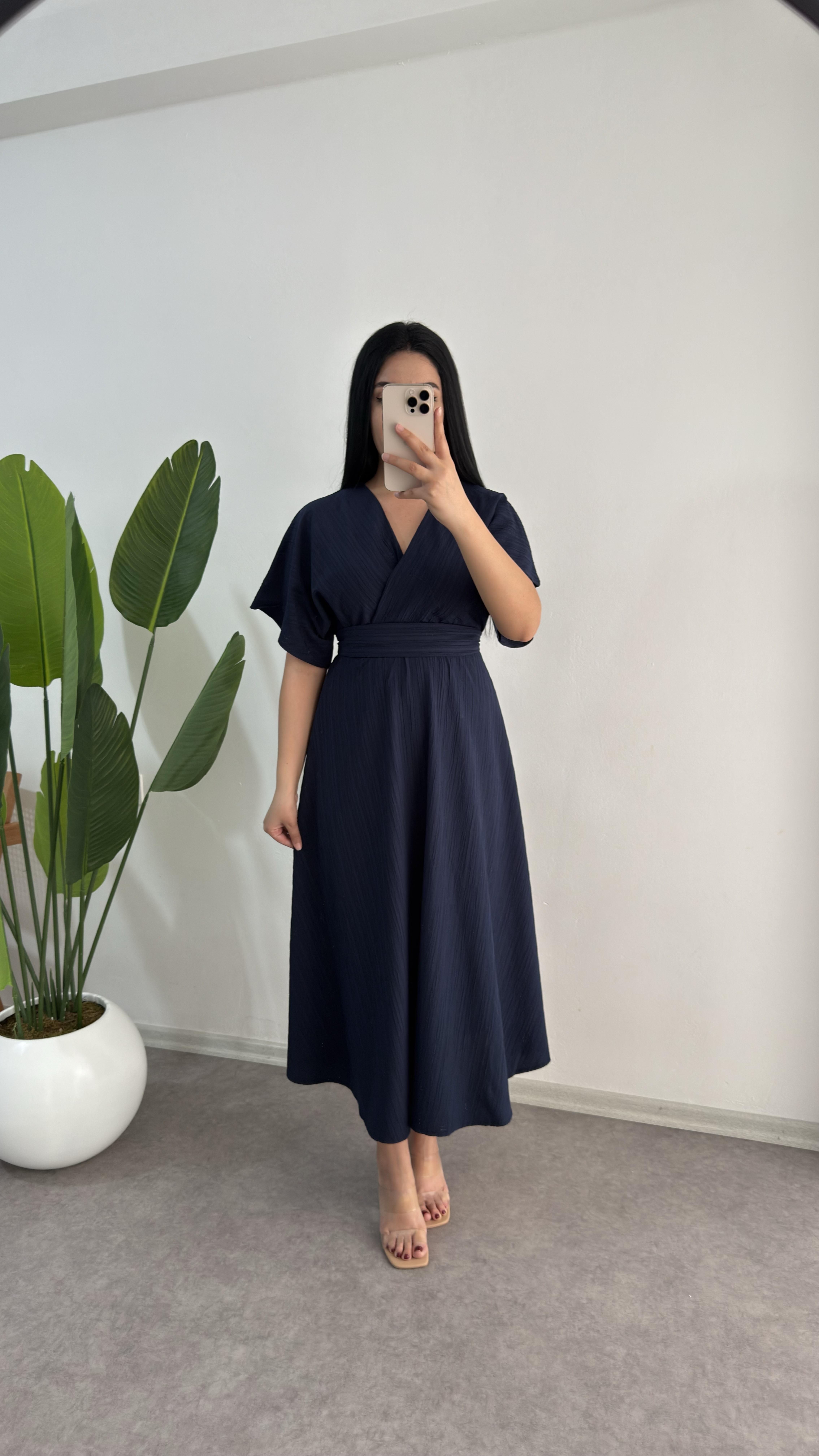 Gofre Kumaş Lacivert Elbise