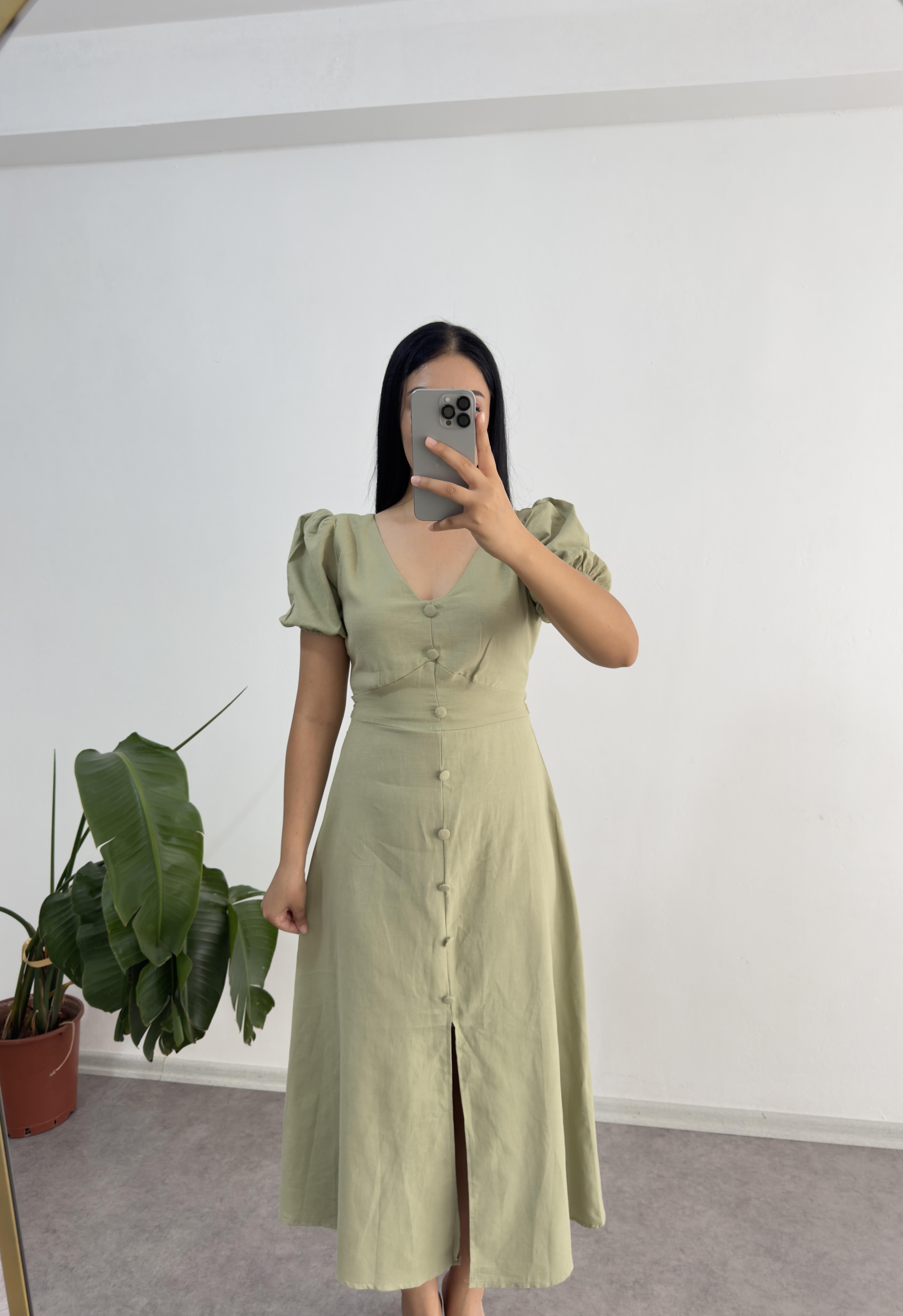 Haki Yeşil V Yaka elbise