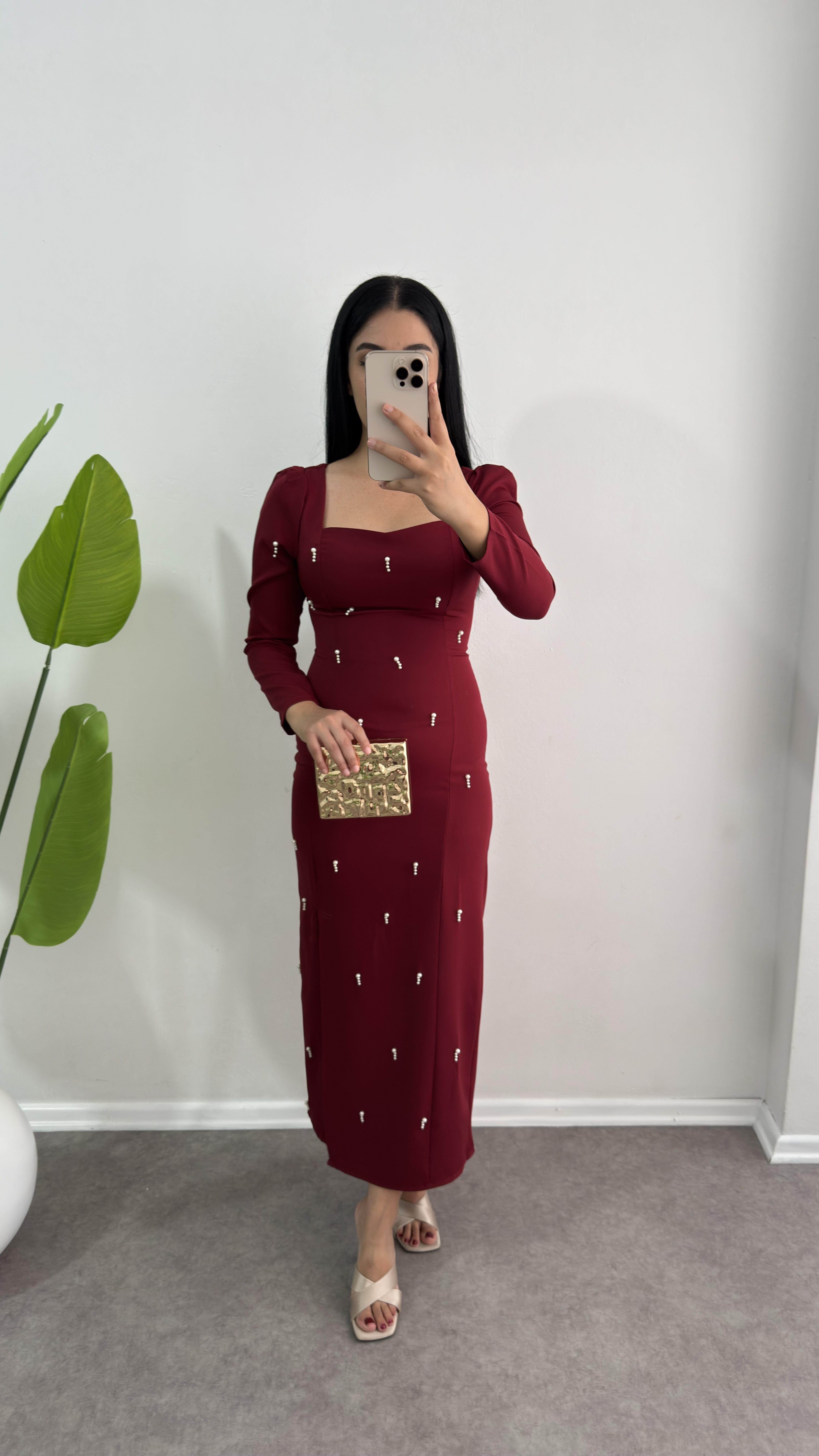 İnci Boncuklu Krep Kumaş Bordo elbise 